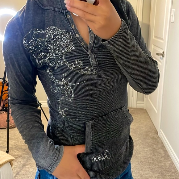 Y2K GUESS top with blings long sleeves with hood - Picture 2 of 13